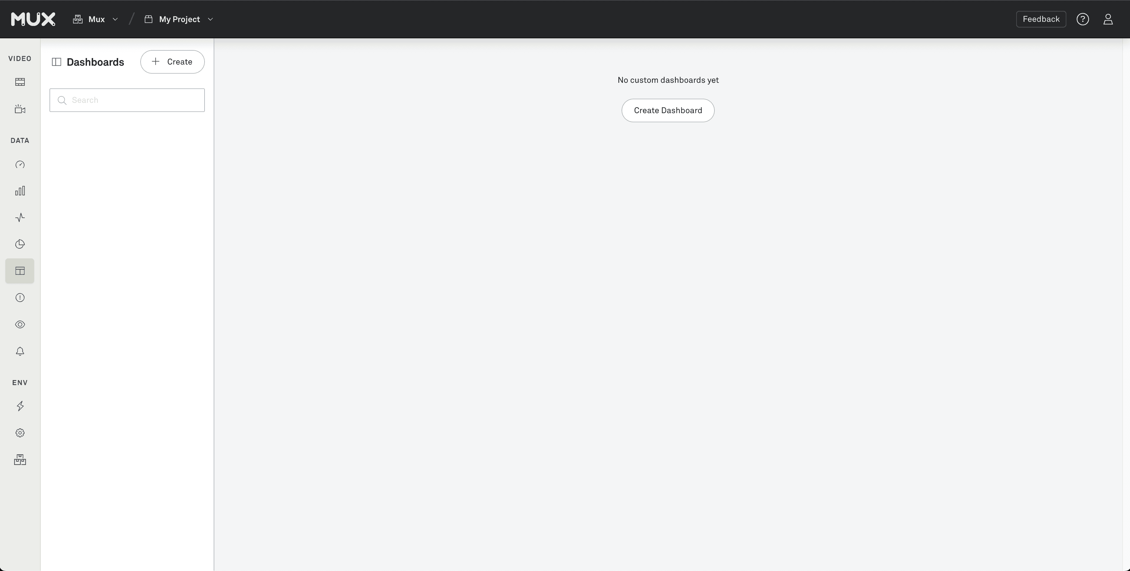 Dashboard screen in the Mux Video application showing an empty custom dashboards view with a “Create Dashboard” button.