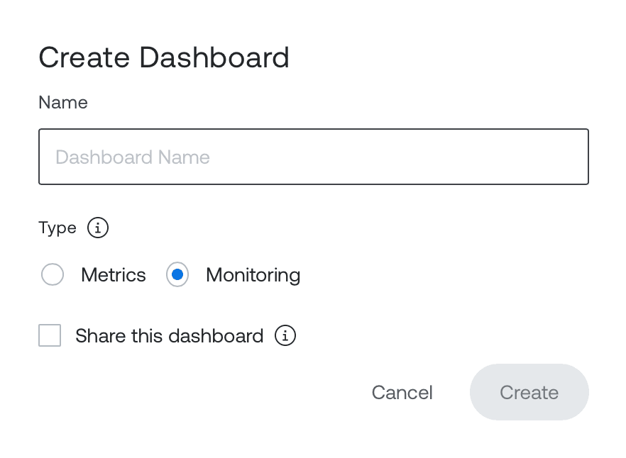 Dialog titled “Create Dashboard” in Mux, with a text input field requesting “Dashboard Name” Type radio buttons for “Metric” or “Monitoring” a checkbox to select “Share this dashboard” and two buttons at the bottom: “Cancel” and “Create Dashboard.”