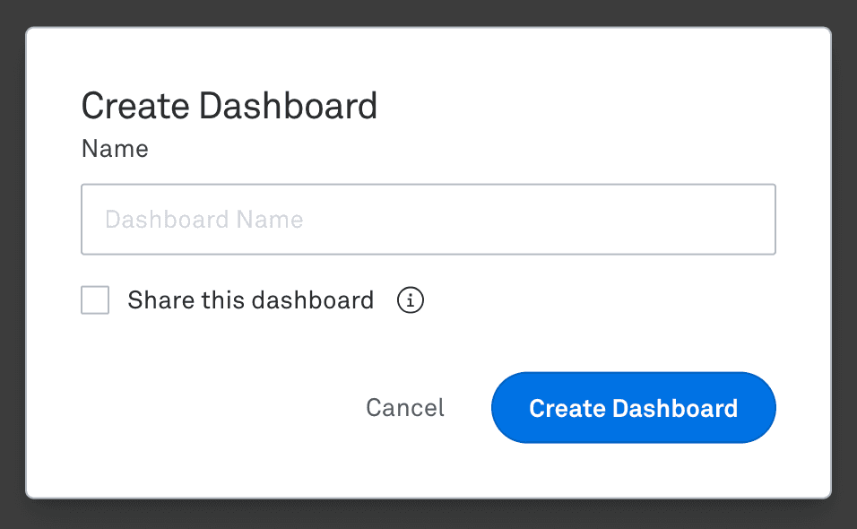 Dialog titled “Create Dashboard” in Mux, with a text input field filled in as “My first Dashboard” and two buttons at the bottom: “Cancel” and “Create Dashboard.”