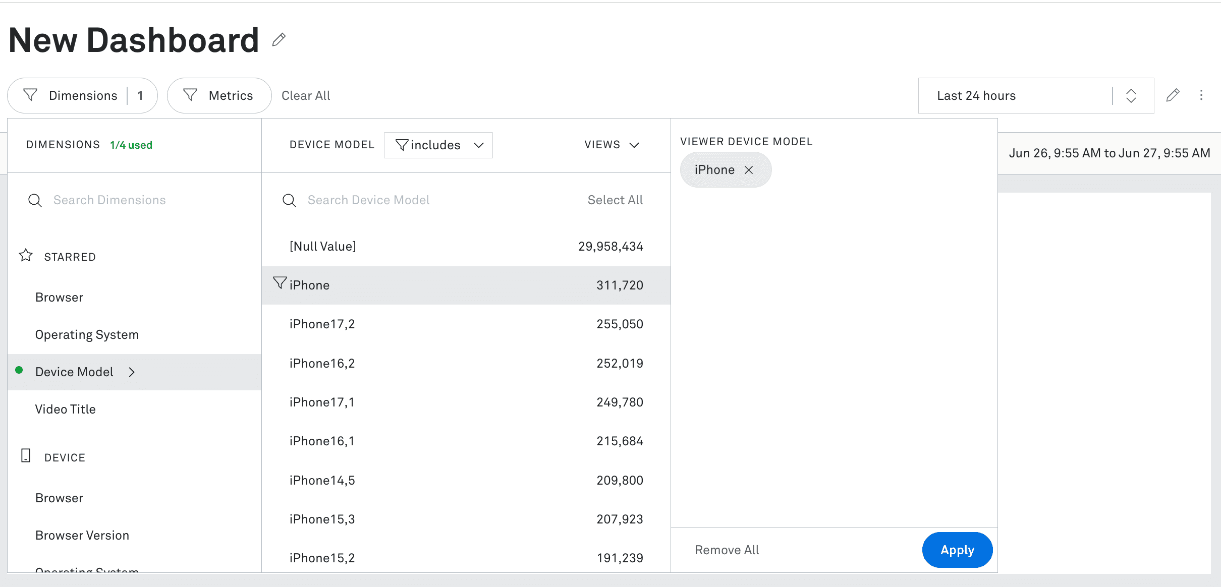 New Dashboard creation screen in Mux, showing a dimension filter panel with “Device Model” selected. Viewer Device Model is filtered to “iPhone,” and view counts for different iPhone models are listed.