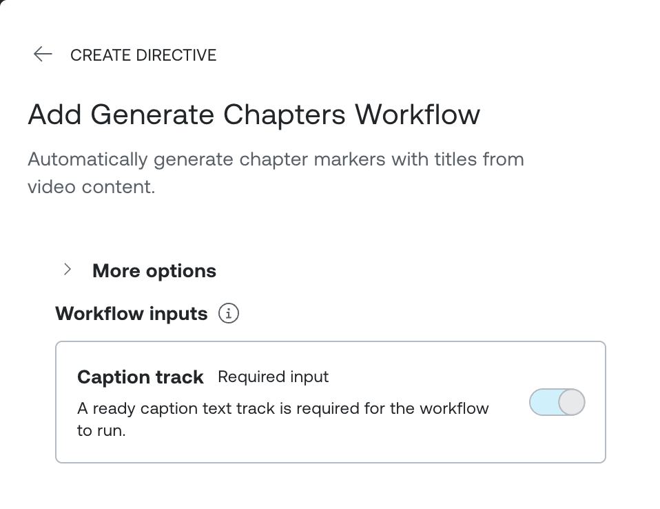 The Directive editor automatically adding a required caption track resource after the “Generate chapters” workflow is selected.
