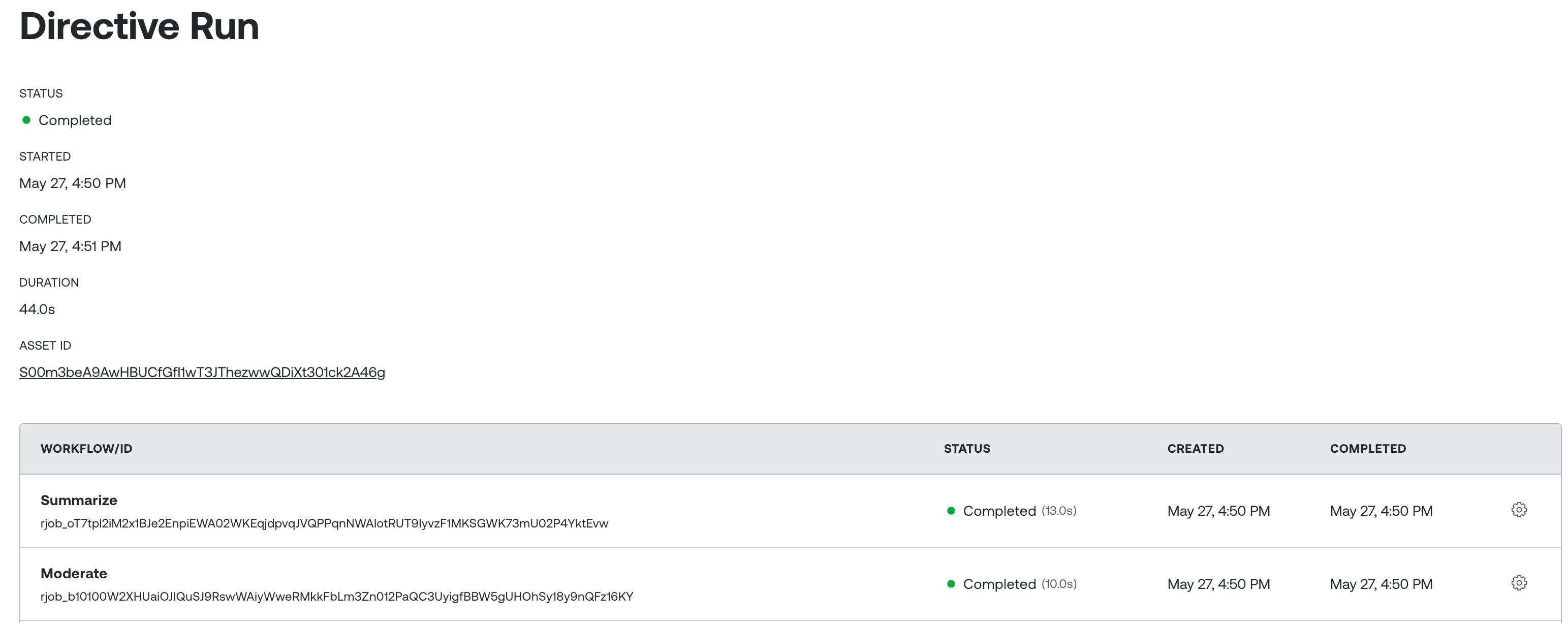 A Directive run detail page listing each workflow, its status, and the order it ran in.