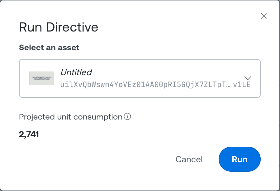 The Directive detail page with the “Run on asset” dialog open and an asset selected.