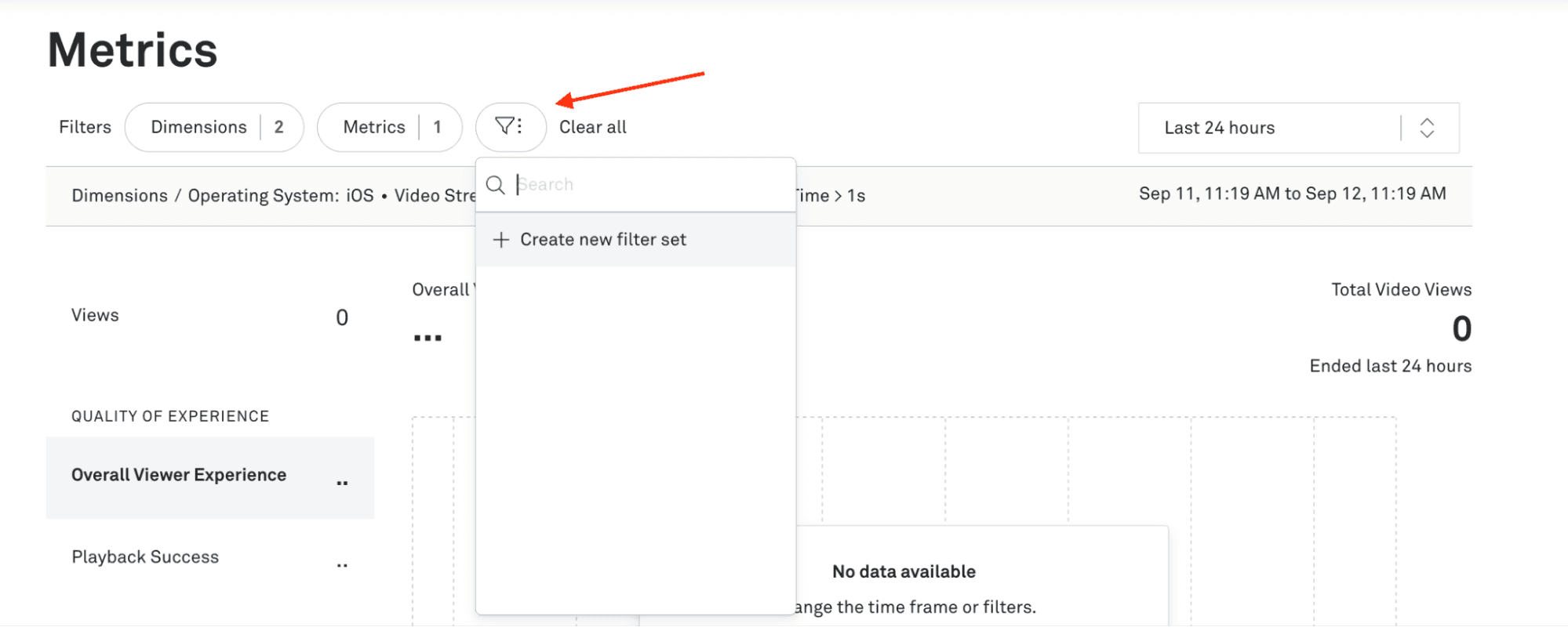 A Mux Data interface showing the filter configuration panel. The user has selected three dimensions: Operating System (iOS), Stream Type (LIVE), and Video ID (456182). A tag labeled “456182” appears under Video ID. The right panel shows filters for iOS, LIVE, and Video ID 456182, with an “Apply” button at the bottom.